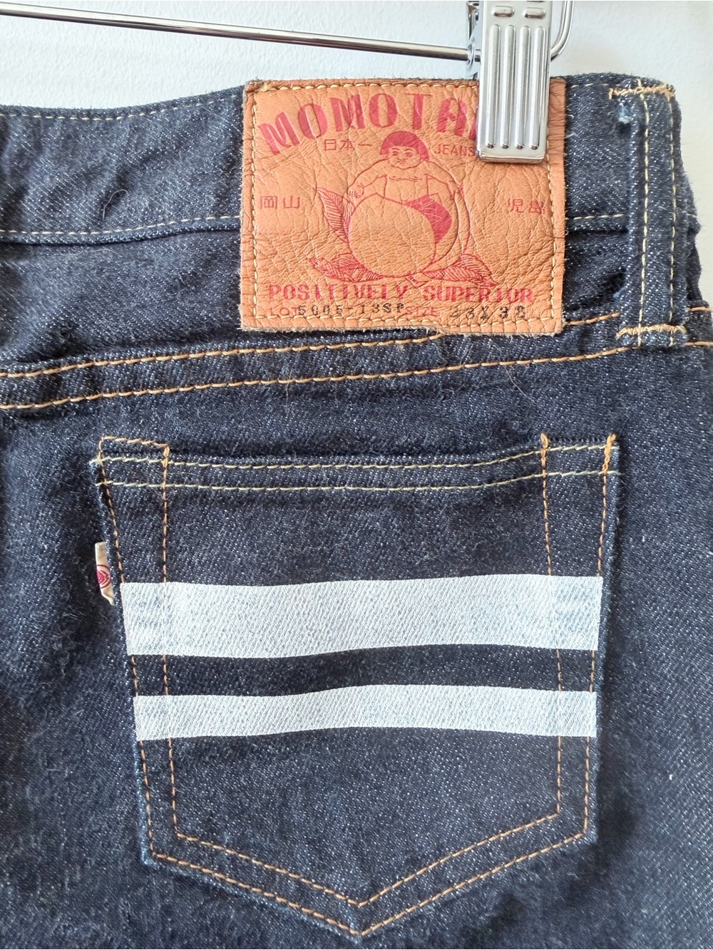 Momotaro Indigo Selvedge Jeans with Signature White Stripes